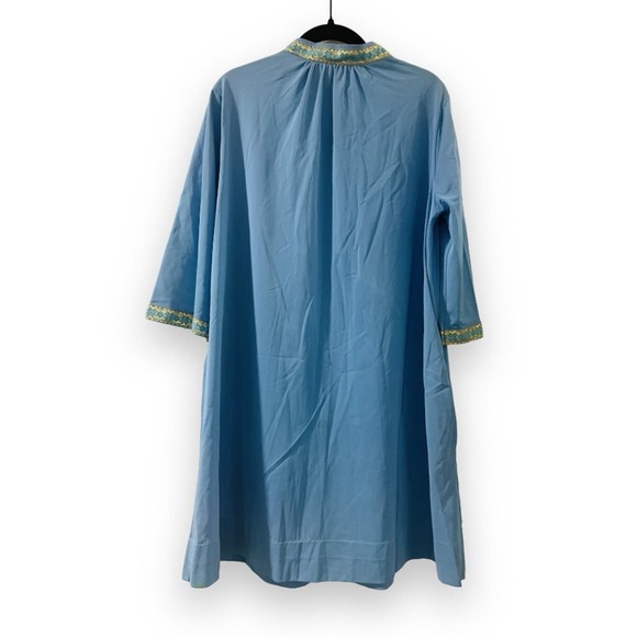 1960s Flowy Blue and Gold Mini Dress, vintage kaftan loungewear - Picture 2 of 3